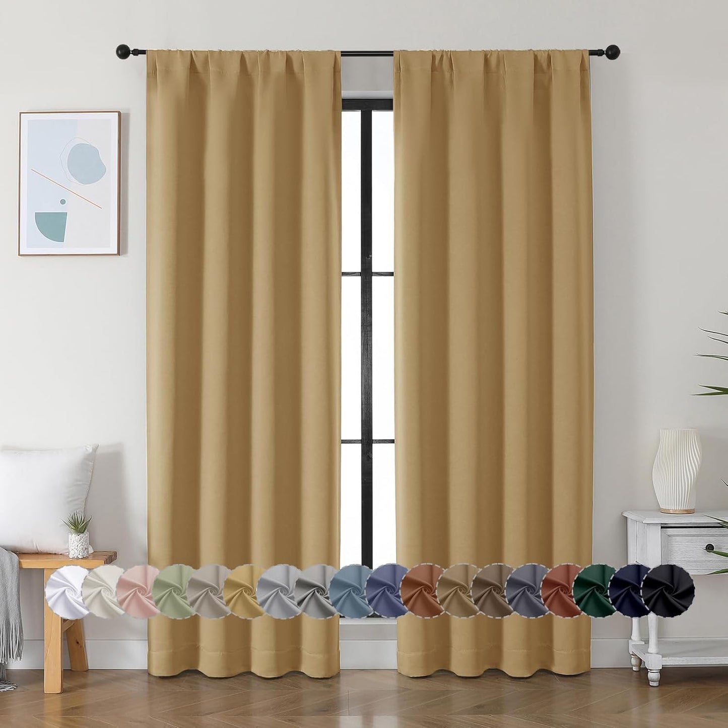 Simplebrand Ava Sage Green Blackout Curtains for Bedroom 63 Inch Length 2 Panels Set, Solid Thermal Insulated Energy Saving Rod Pocket Window Treatment Curtains Blackout Drapes, W40 x L63 Inch, Sage - Colors A