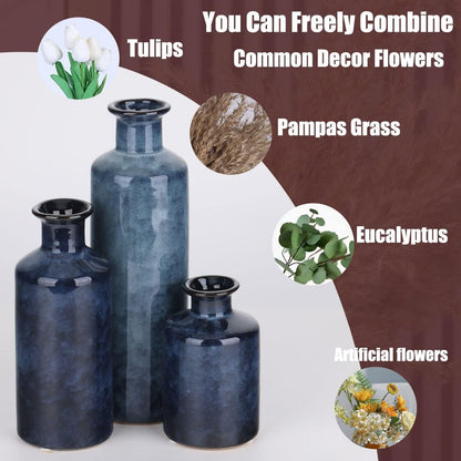 Blue Ceramic Vase Set - 3 Blue Small Vases, Farmhouse Country Flower Vase Home Decor, Living Room Decoration, Table Decoration, Fireplace Decor, and Entrance Decorations Centerpieces