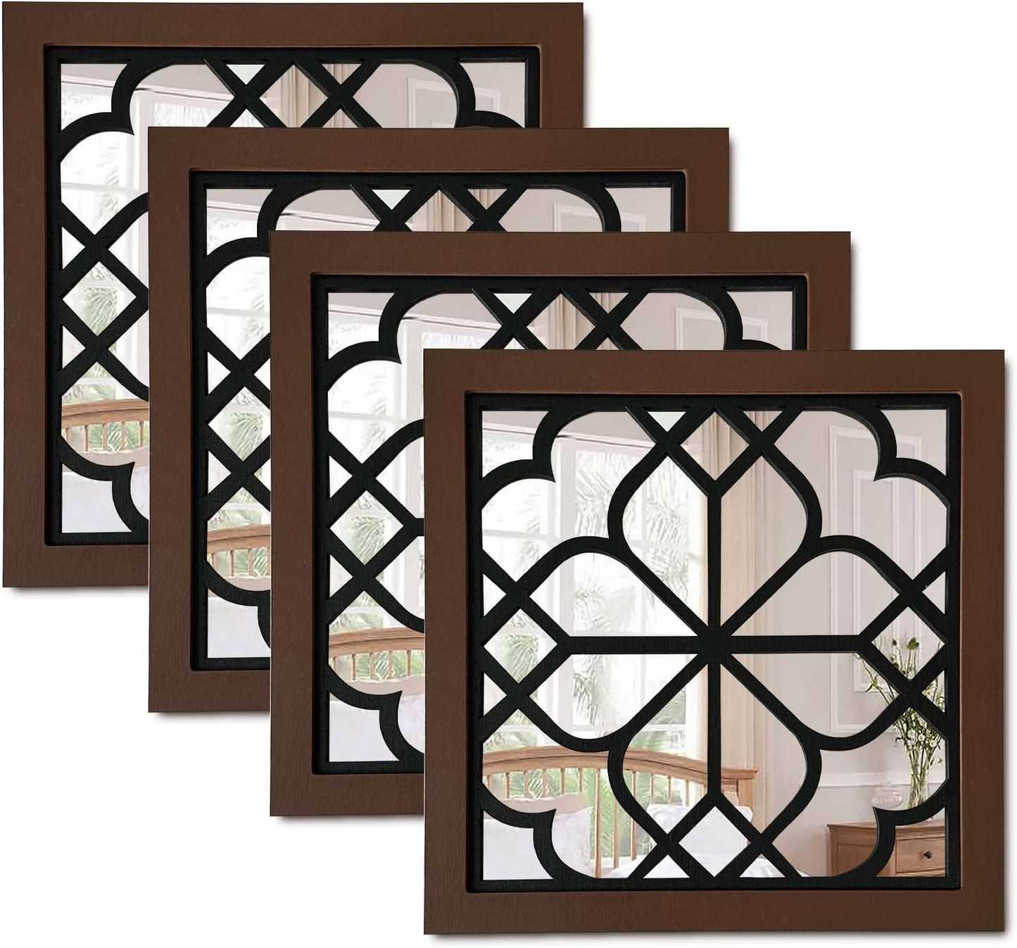 ZEXUIRU 4 Set. Rustic Wall Mirrors for Bedroom Bathroom Living Room Entryway Wood Farmhouse Square Easy to Hang Framed Decorative Accent Hanging Wall-Mounted Mirror Set for Living Room - Black