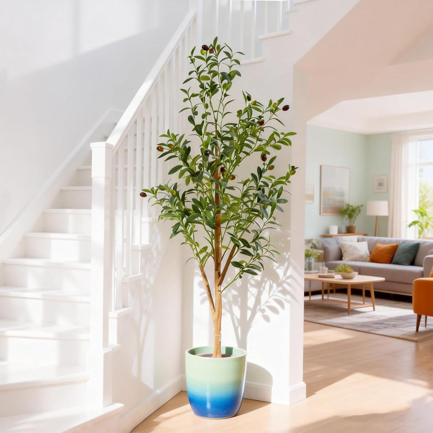 6FT Artificial Olive Tree Indoor, Tall Faux Olive Tree with Pot&Basket, Large Fake Olive Tree with Realistic 1080 Silk Leaves and 60 Fruits for Living Room Home Office Decor.