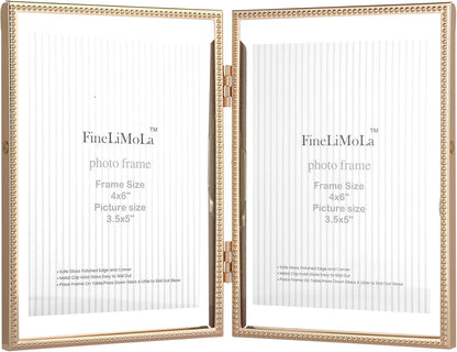 Gold 6x8'' Floating Photo Frame 2 Pack, Beaded Metal Frame Fits 3.5x5'', 4x6'' & 5x7'' Pictures, Adjustable Tabletop & Shelf Display, Elegant Wedding Gift for Home Decor