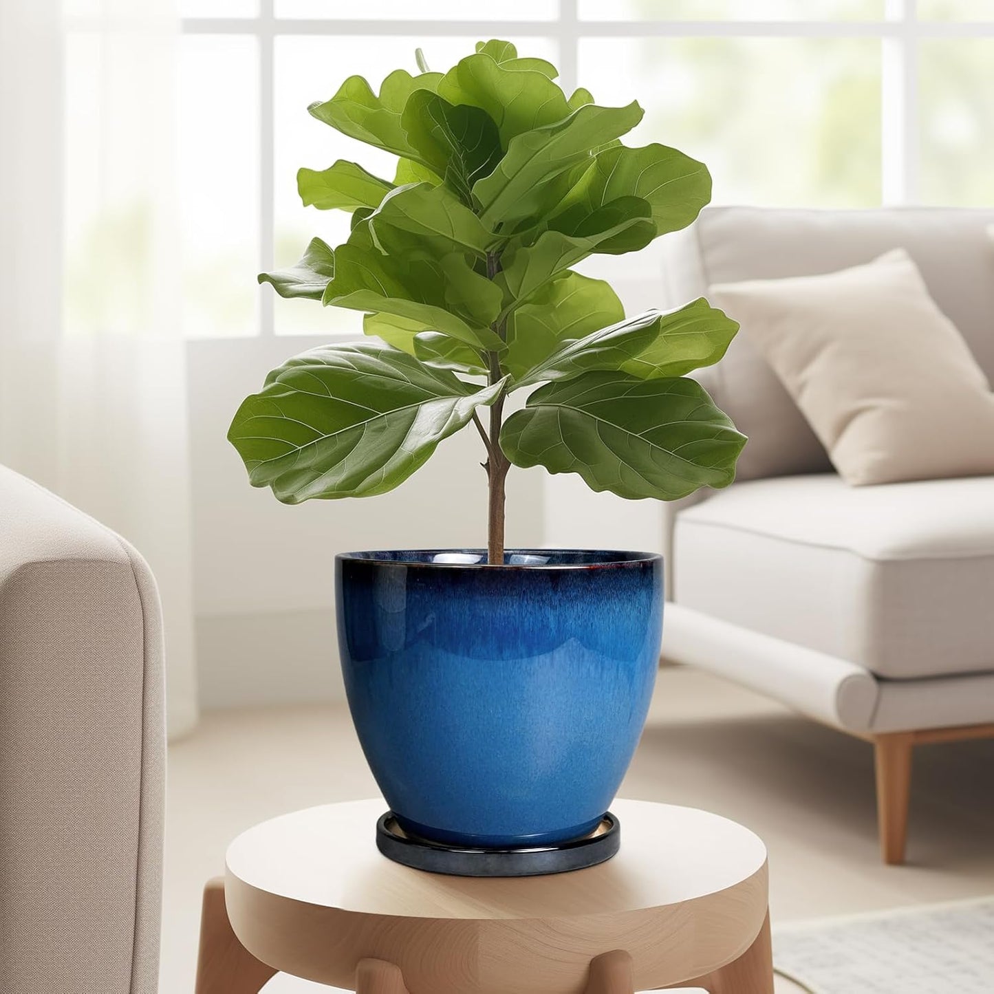 10 Inch Ceramic Planter Pot Round Plant Pot for Indoor Plants Outdoor Large Flower Pot with Drainage Hole and Saucer Blue