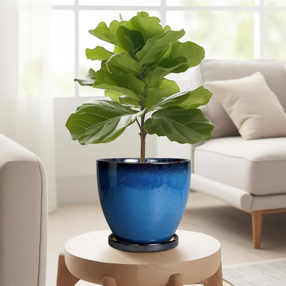10 Inch Ceramic Planter Pot Round Plant Pot for Indoor Plants Outdoor Large Flower Pot with Drainage Hole and Saucer Blue