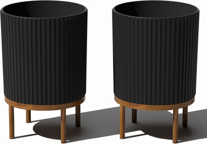 Veradek Demi Series Round Planter w/ Stand for Porch/Patio | Durable Plastic-Concrete & Wooden Stand | Modern Décor for Tall Plants, Flowers
