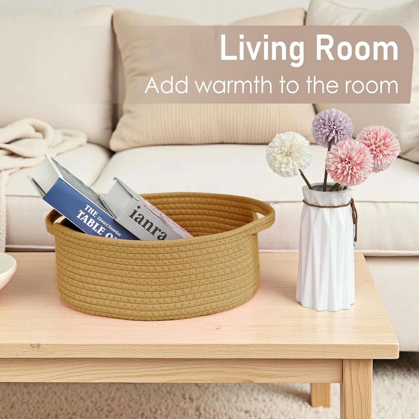 JMvicyroam Woven Basket,Small Rope Storage Bin with Handles & Ribbon Bag, Organizer for Shelves Closets,Gift Basket Empty for Birthday,Books,Dog Toys,White