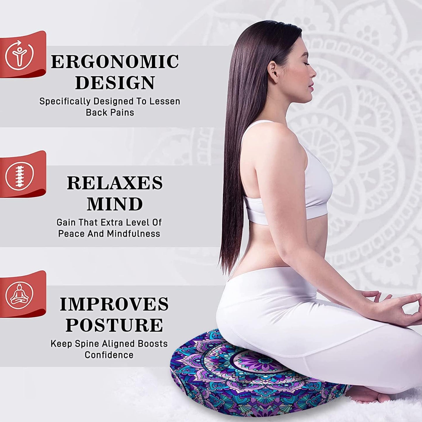 Mandala Meditation Cushion, Boho Meditation Mat, Meditation Pillows for Sitting on Floor, Cushions for Sitting in Home and Outdoor, Square Floor Pillow Cushion Seating for Yoga Accessories 22'' X 22''