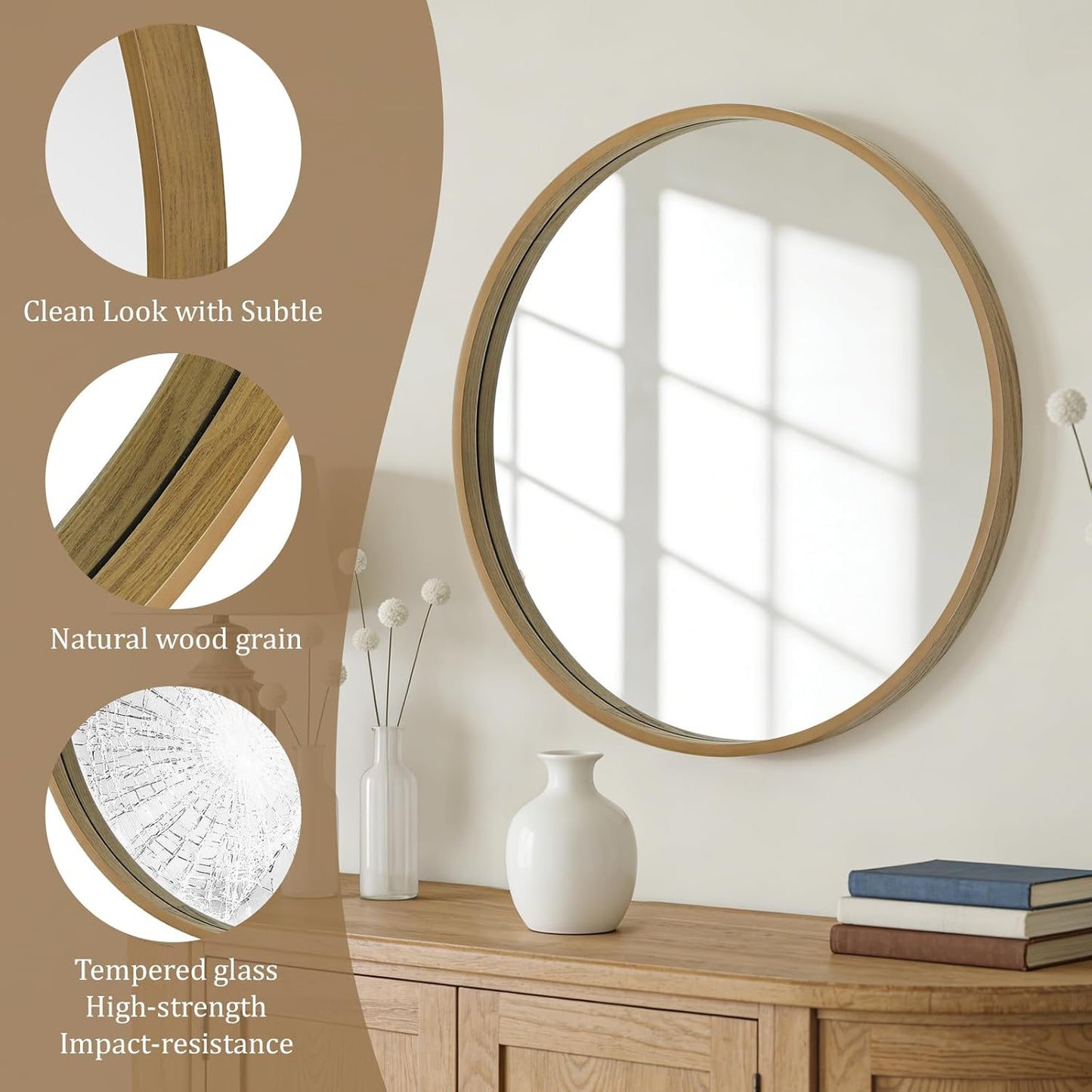WallBeyond Wood Round Mirror with Wood Frame 24 inch Circle Wall Mirror for Bathroom Round Wall Mirror for Wall Decor, Vanity, Entryway Living Room (Walnut)