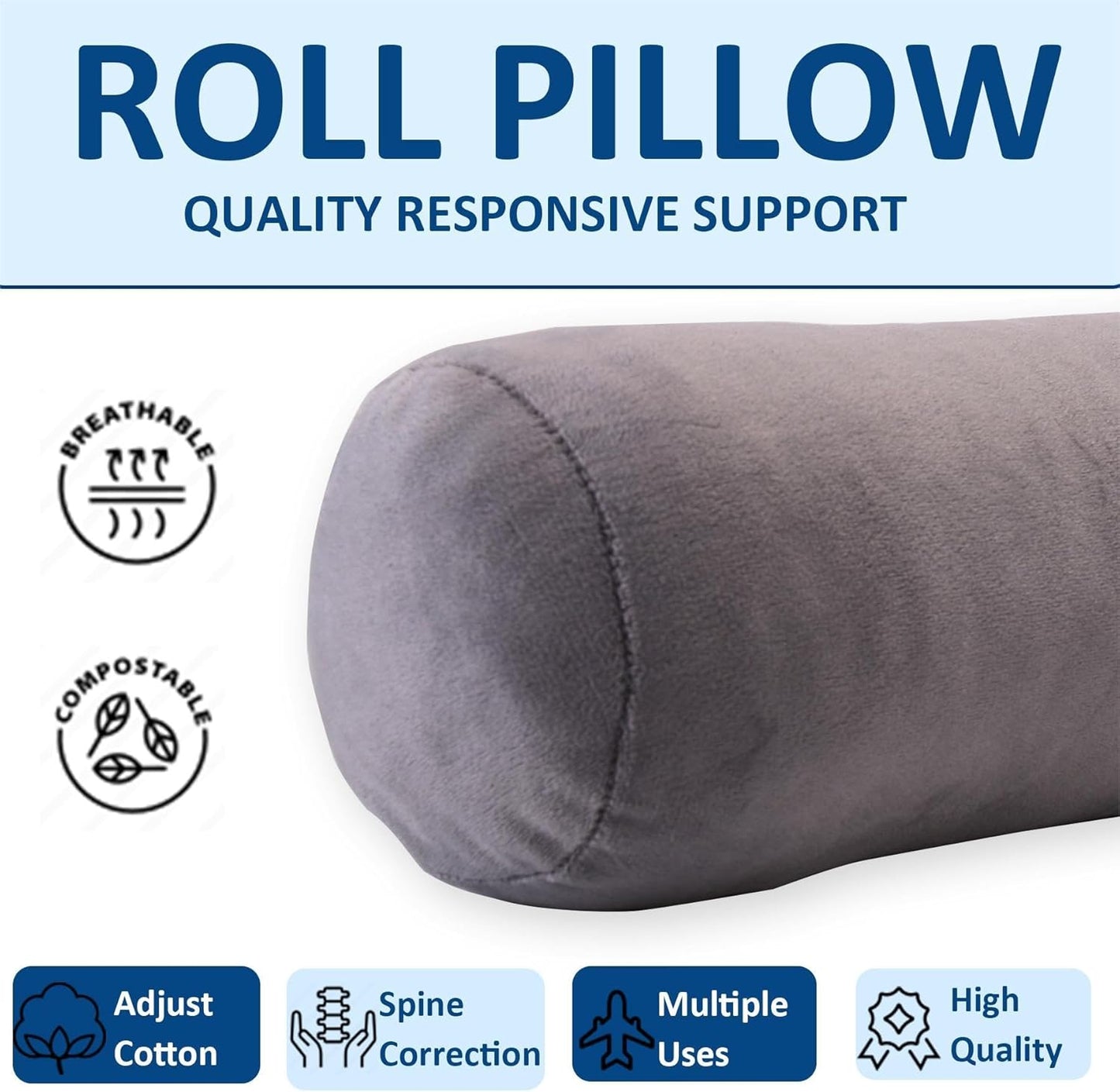 Health Cervical Neck Roll, Comfortable and Highly Resilient Bolster Pillows, Round Neck Pillows Support for Sleeping | Large Size Bolster Pillow for Bed, Legs, Back and Yoga (Grey)