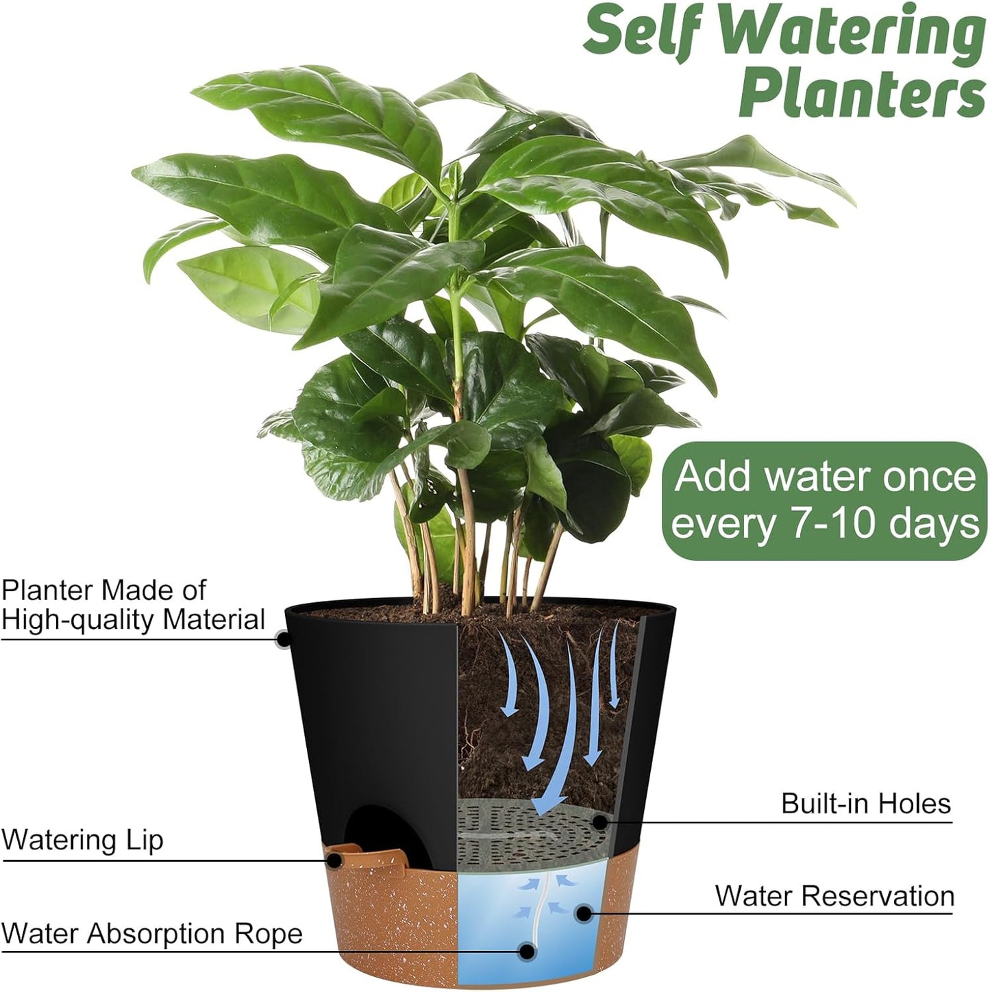 YNNICO Indoor Self Watering Planters with Drainage Holes and Saucers, 8, 7, 6.5, 6, 5.5, 5 Inches, Black, 6 Pots