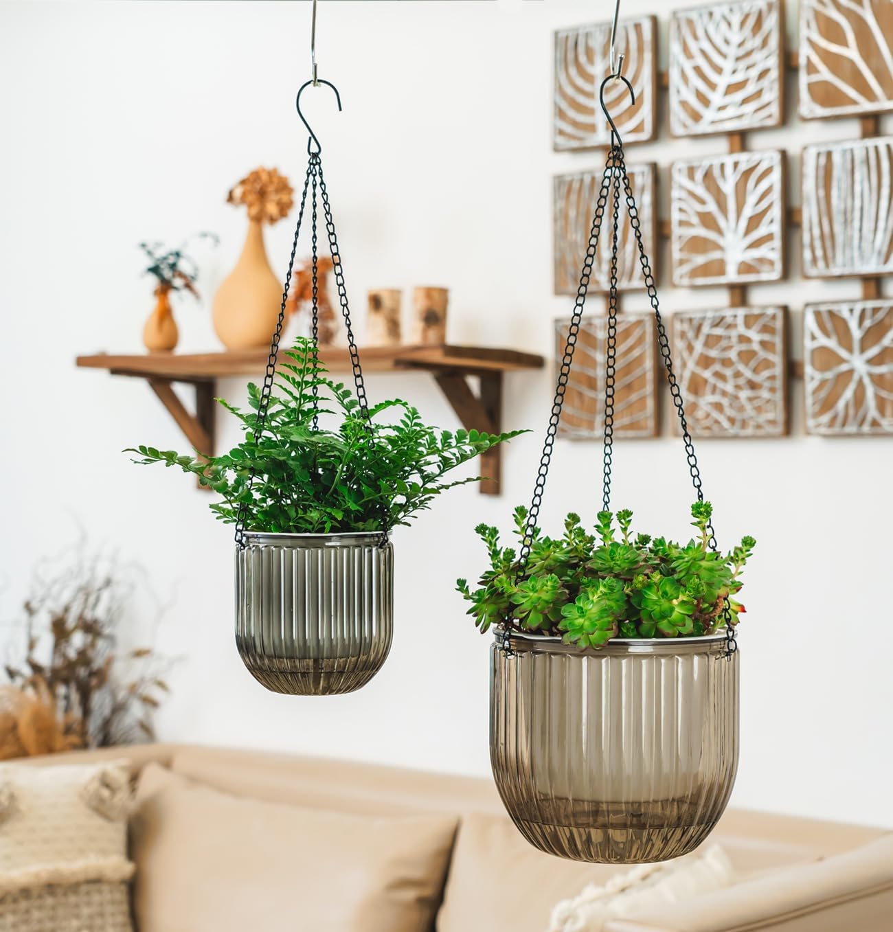 Melphoe 2 Pack Self Watering Hanging Planters Indoor Flower Pots, 6.5 Inch Outdoor Hanging Basket, Plant Hanger with 3Hooks Drainage Holes for Garden Home (Emerald)