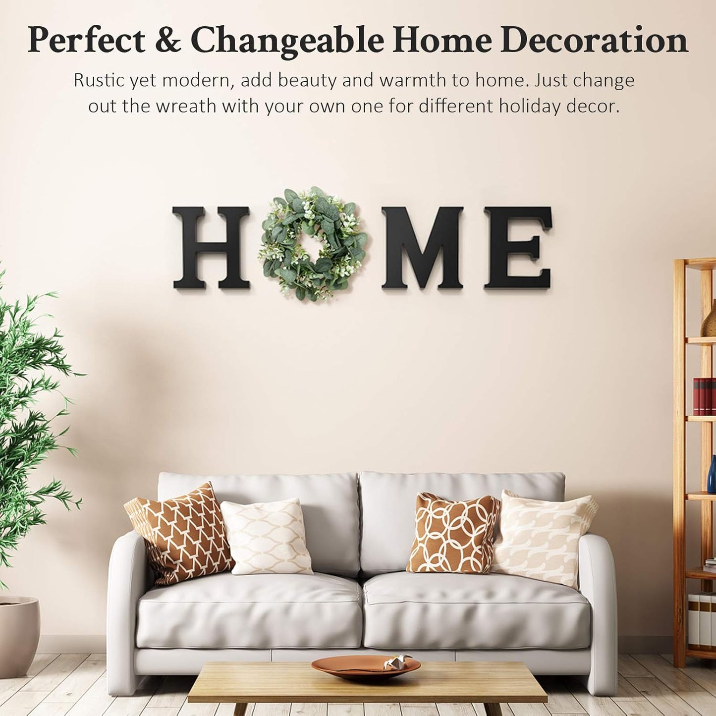 MAYICIVO Modern Wooden Home Sign with Artificial Eucalyptus Wreath, White and Beige, 13.81 inches Diameter, Wall Mount, MDF Wood, Plastic