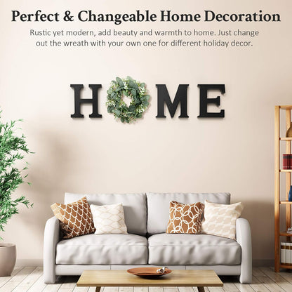 MAYICIVO Modern Wooden Home Sign with Artificial Eucalyptus Wreath, White and Beige, 13.81 inches Diameter, Wall Mount, MDF Wood, Plastic
