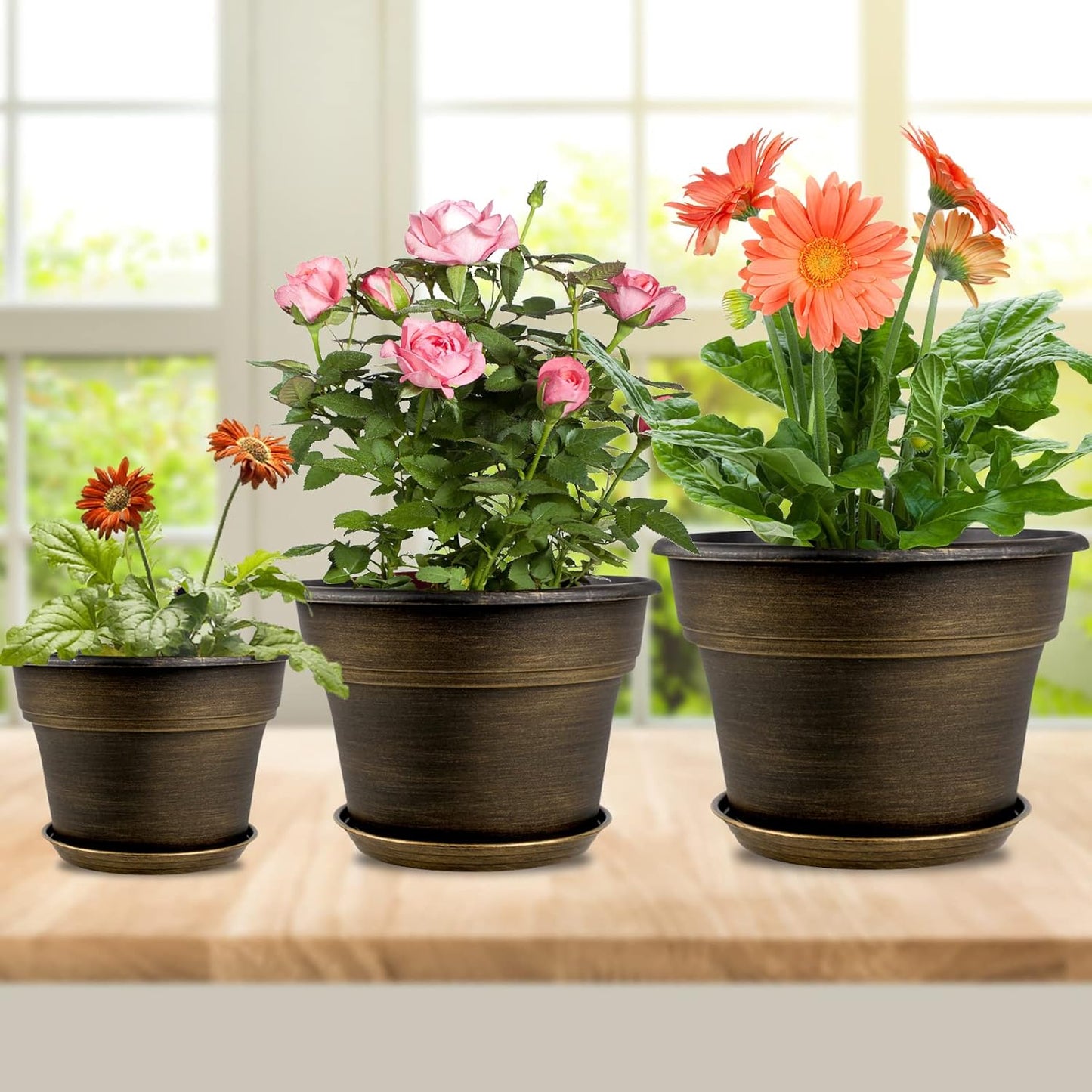 Fodetyff 10 Inch Planters Plant Pots Indoor Outdoor, 4 Pack Plastic Flower Pot for Indoor Plants with Drainage Holes & Trays, Resin Decorative Container Sets with Saucer for House Garden Copper