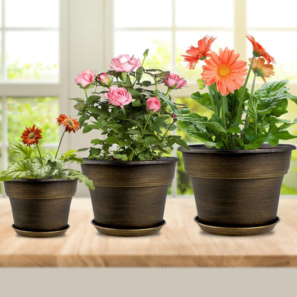 Fodetyff 10 Inch Planters Plant Pots Indoor Outdoor, 4 Pack Plastic Flower Pot for Indoor Plants with Drainage Holes & Trays, Resin Decorative Container Sets with Saucer for House Garden Copper
