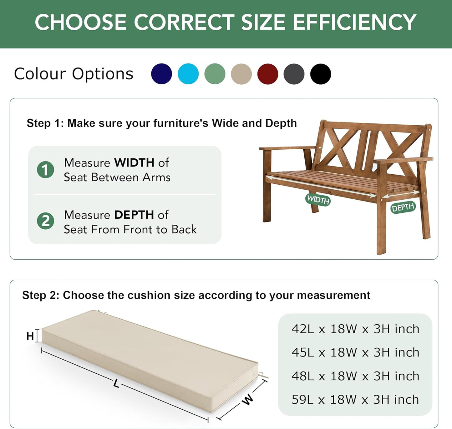 Summsun Outdoor Bench Cushion: Waterproof and Fade Resistant Patio Furniture Cushions - Non-Slip Bench Pad Cushion with Removable Cover for Garden Swing Porch Sofa Settee, 48 x 18 x 3 Inch, Black