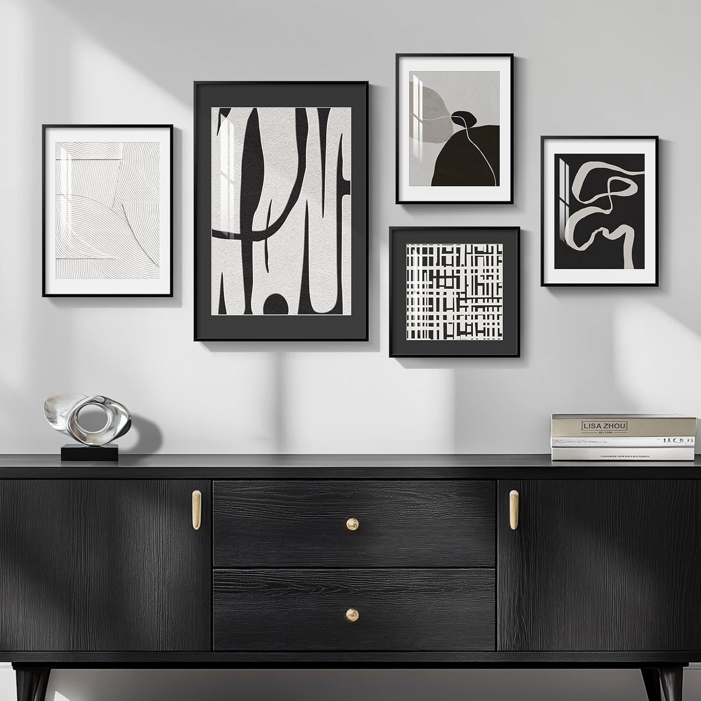 Framed Boho Black and White Brown Modern Abstract Wall Art for Living Room, Set of 6 Bohemian Wall Hanging Artwork, Minimalist Sun Geometric Pictures for Bedroom Office Bathroom Wall Decor 11x14 Inch