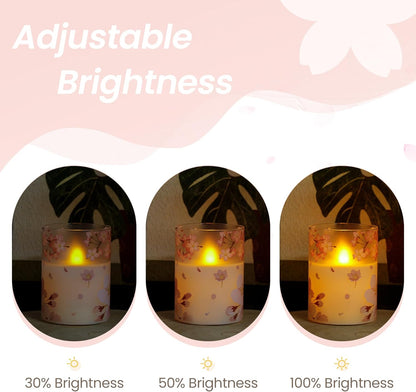 Pack of 3 Flameless Daily Timer Flickering Real Wax Pillar Candles, 3" x 4" 5" 6" LED Battery Operated Purple Flowers Glass Warm Light with Remote Control