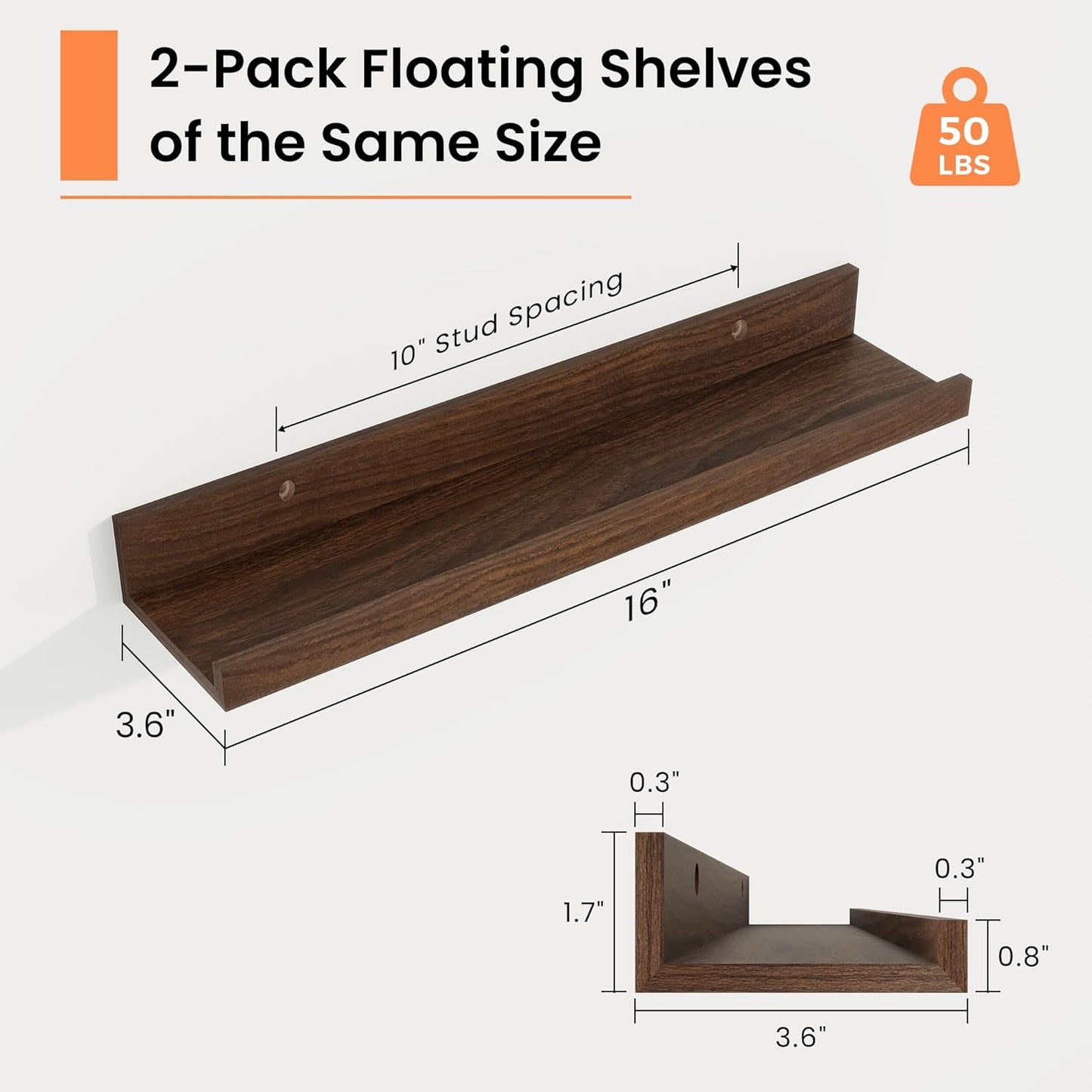 RICHFOCUS Picture Ledge Shelf, 24 inch Floating Shelves Set of 2, Wood Wall Shelves with Lip, Wall Decor Storage for Bedroom Living Room Bathroom Kitchen Nursery Photo Picture, Walnut