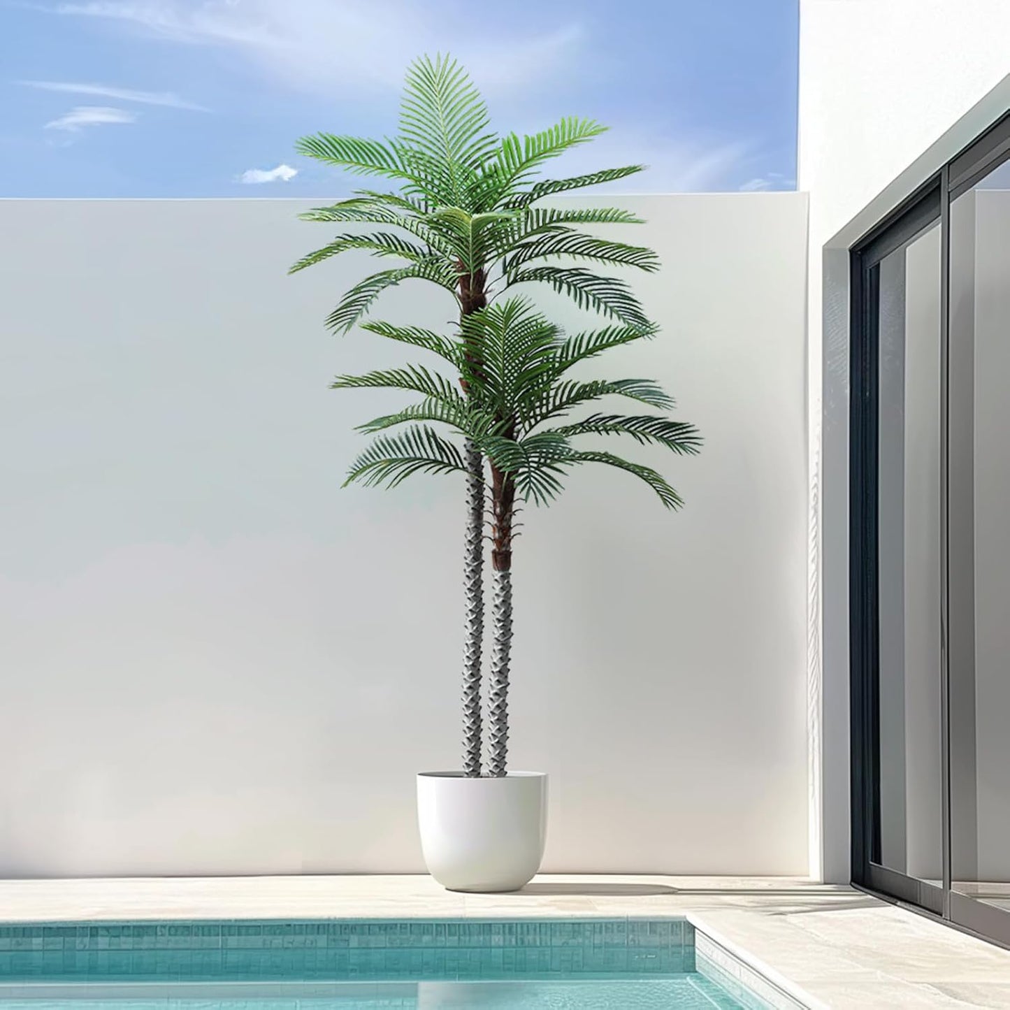 Nafresh 8ft Tall UV Resistant Faux Palm Tree, 96in Artificial Palm Tree Indoor Outdoor, Fake Tree with Real Bark and Realistic Leaves and for Home House Office Living Room Yard Patio.