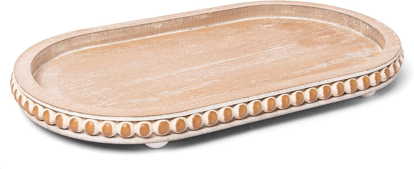 HPC Decor 12in Round Wood Tray - White, Distressed, Farmhouse Rustic - Decorative Tray for Living Room, Coffee Table, Kitchen Table or Farmhouse Serving Tray