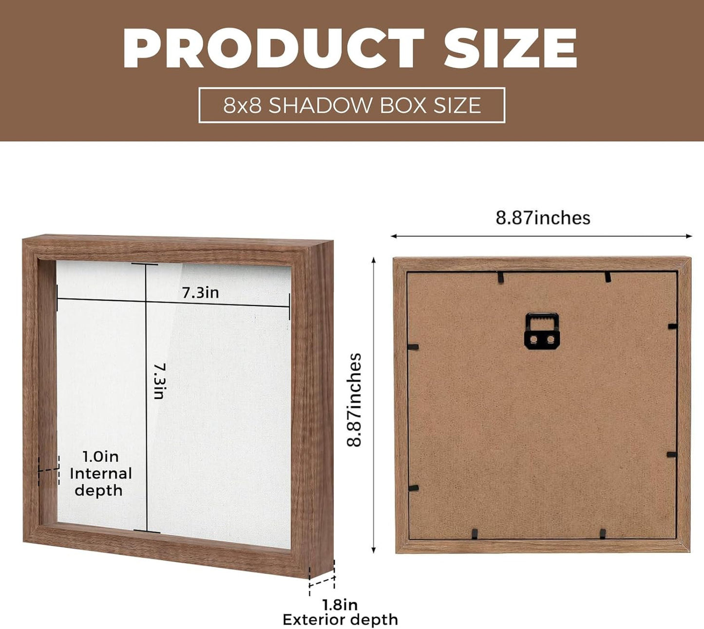 Muzilife 8x8 Shadow Box Picture Frame with Linen Board - Deep Wood & Glass Display Case Ready to Hang Memory Box Baby Sports Memorabilia, Pins, Awards, Medals, Wedding, Tickets and Photos (Black)