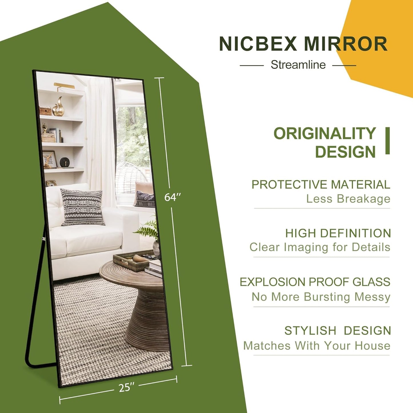 NicBex Full Length Mirror with Stand, 56"x19" Aluminum Alloy Frame Floor Mirror, Black, Shatter-Proof Glass - Free Standing, Leaning Against Wall or Wall-Mounted, for Bedroom Living Room Dressing Room