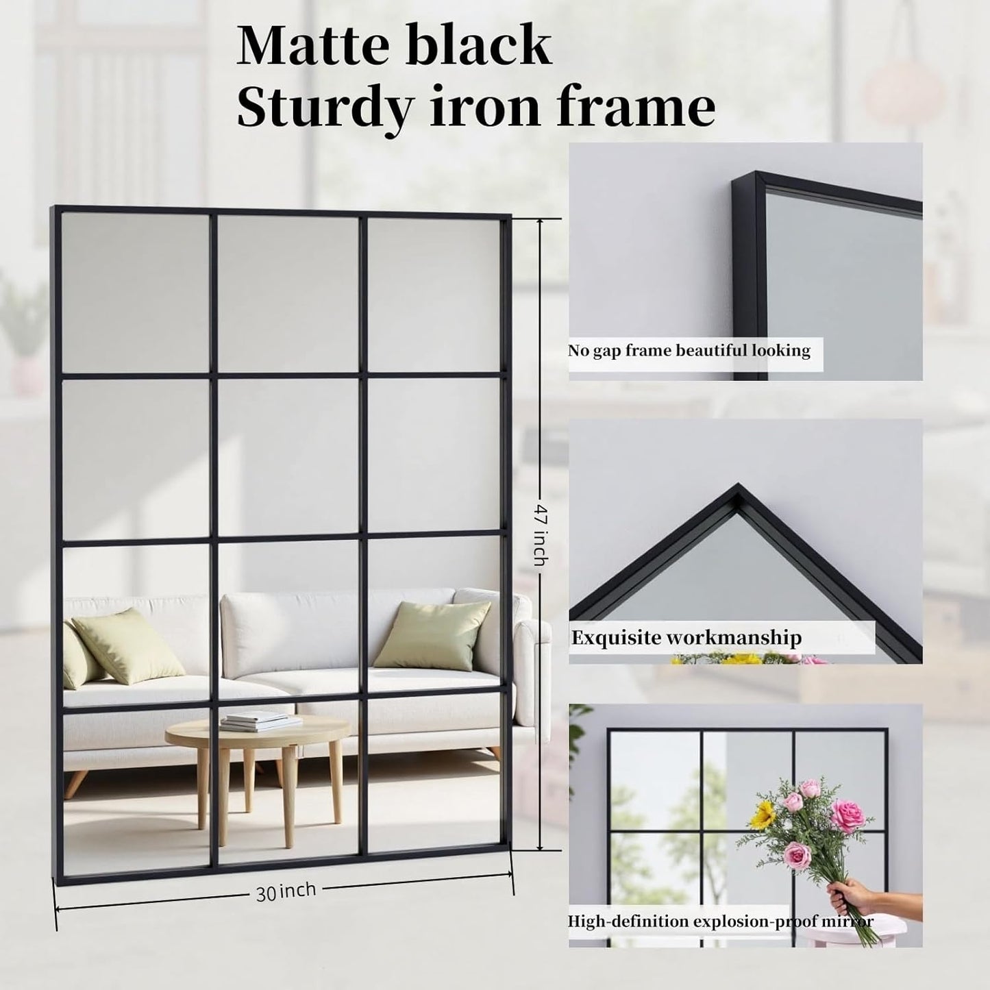 Dewfig 65"x 22" Arched Window pane Full Length Mirror, Wall Mirror, Floor Standing Mirrors, Farmhouse Long Full Body Mirrors Wall Mounted for Living Room, Bedroom, Entryway, Fireplace, Black
