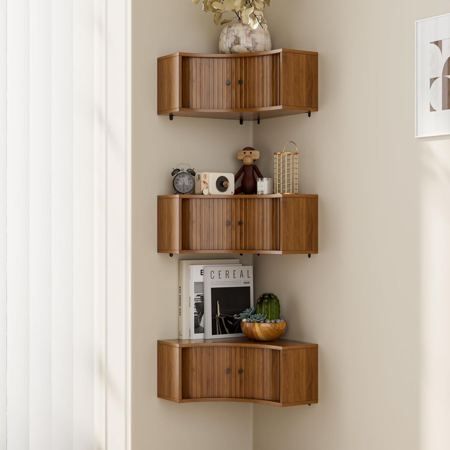 Corner Shelves Wall Cabinet Set of 3, Floating Corner Shelf Organizer with Sliding Doors, Fluted Wall Cabinet for Living Room, Bedroom, Office, Small Space, Walnut (Curved, 15.74“)