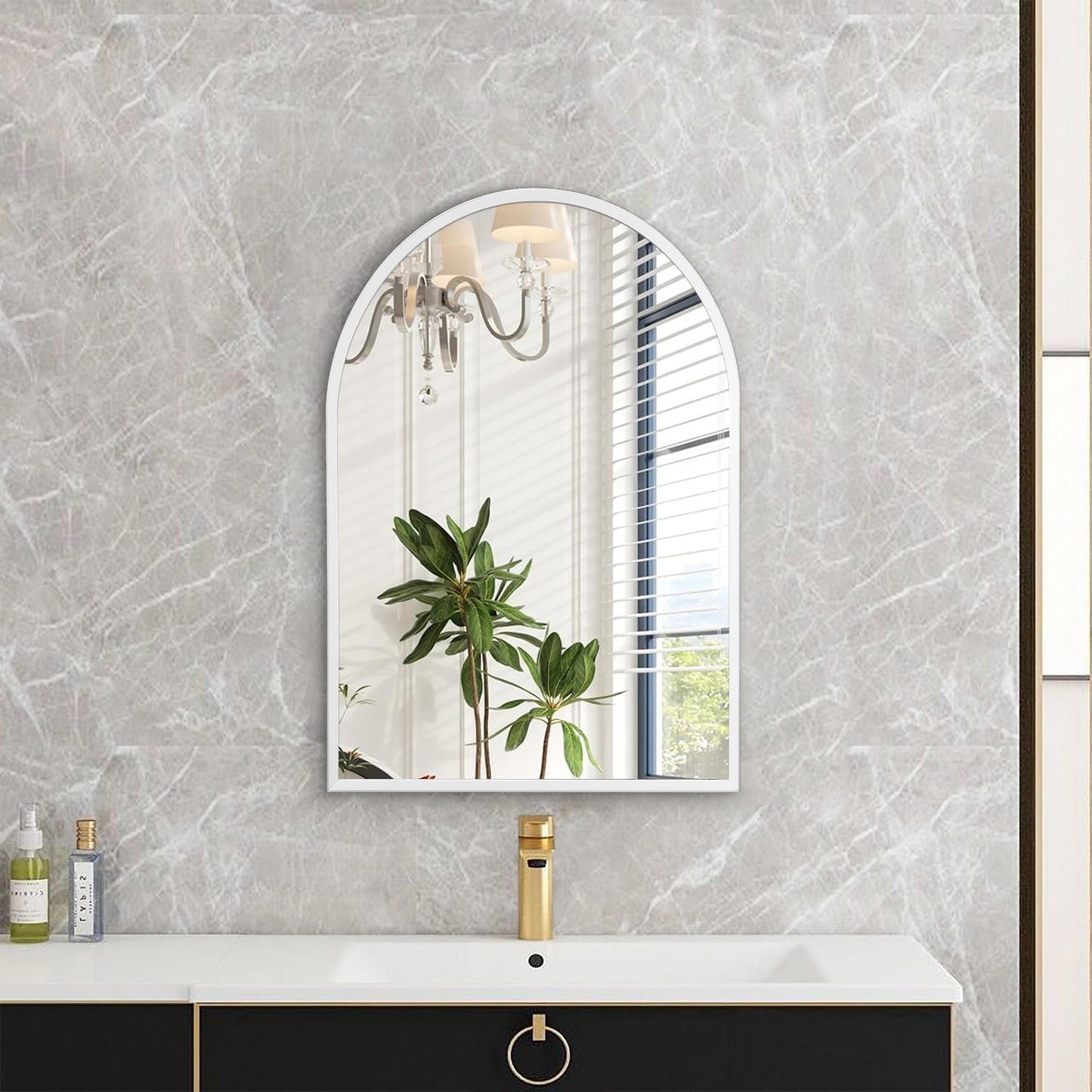 Black Arched Mirror, Modern Bathroom Wall Mirror Aluminum Alloy Framed Mirror Brushed Metal Vanity Wall Mounted Mirror for Livingroom Bedroom Entryway Room 16"x12"