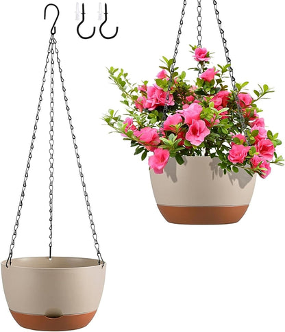 Set of 2 Hanging Planters for Indoor Outdoor Plants, 8 Inch Self-Watering Hanging Flower Pots with Drainage Hole & Removable Water-Storage Tray (Hooks)