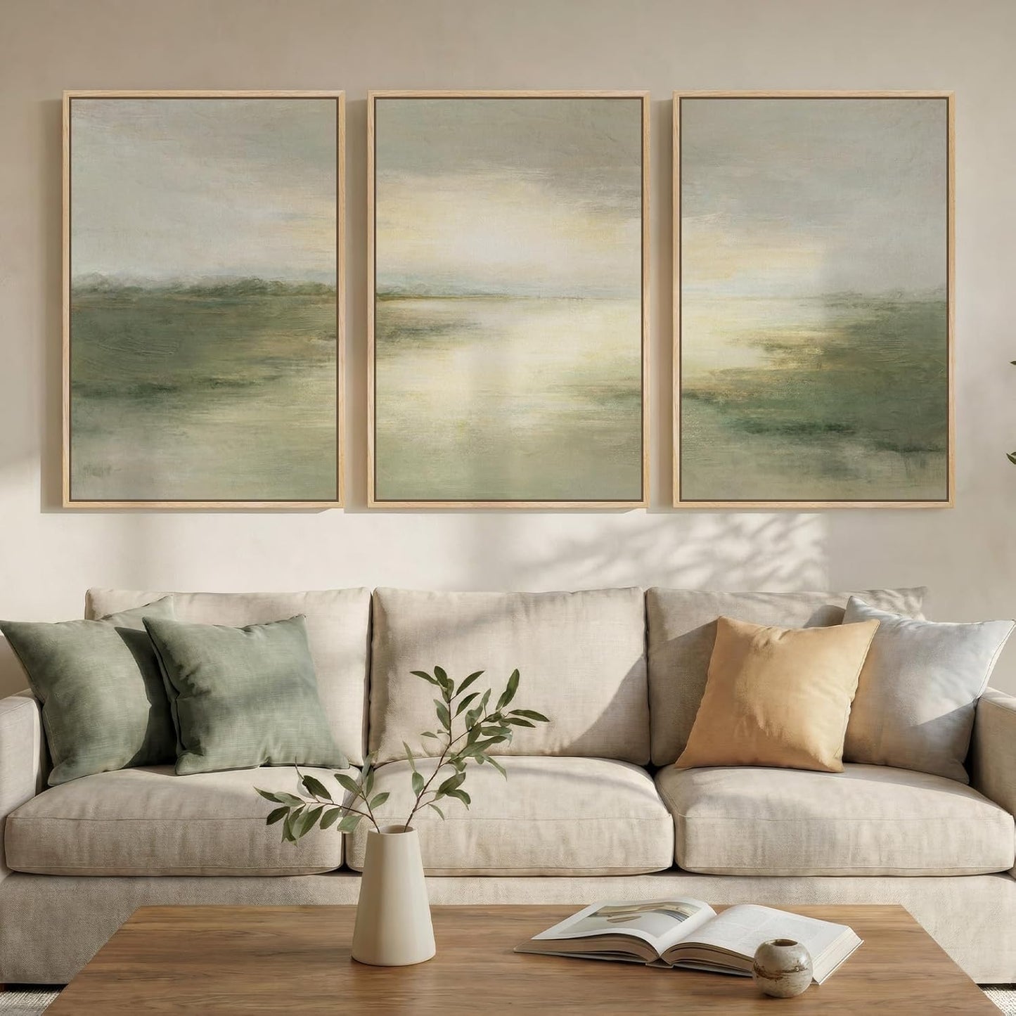 Large Framed Abstract Nature Landscape Wall Art for Living Room, Set of 3 Modern Canvas Prints Paintings Artwork for Walls, Green Lake Pictures for Hallway, Dining Room, Office Wall Decor 24x36 Inch