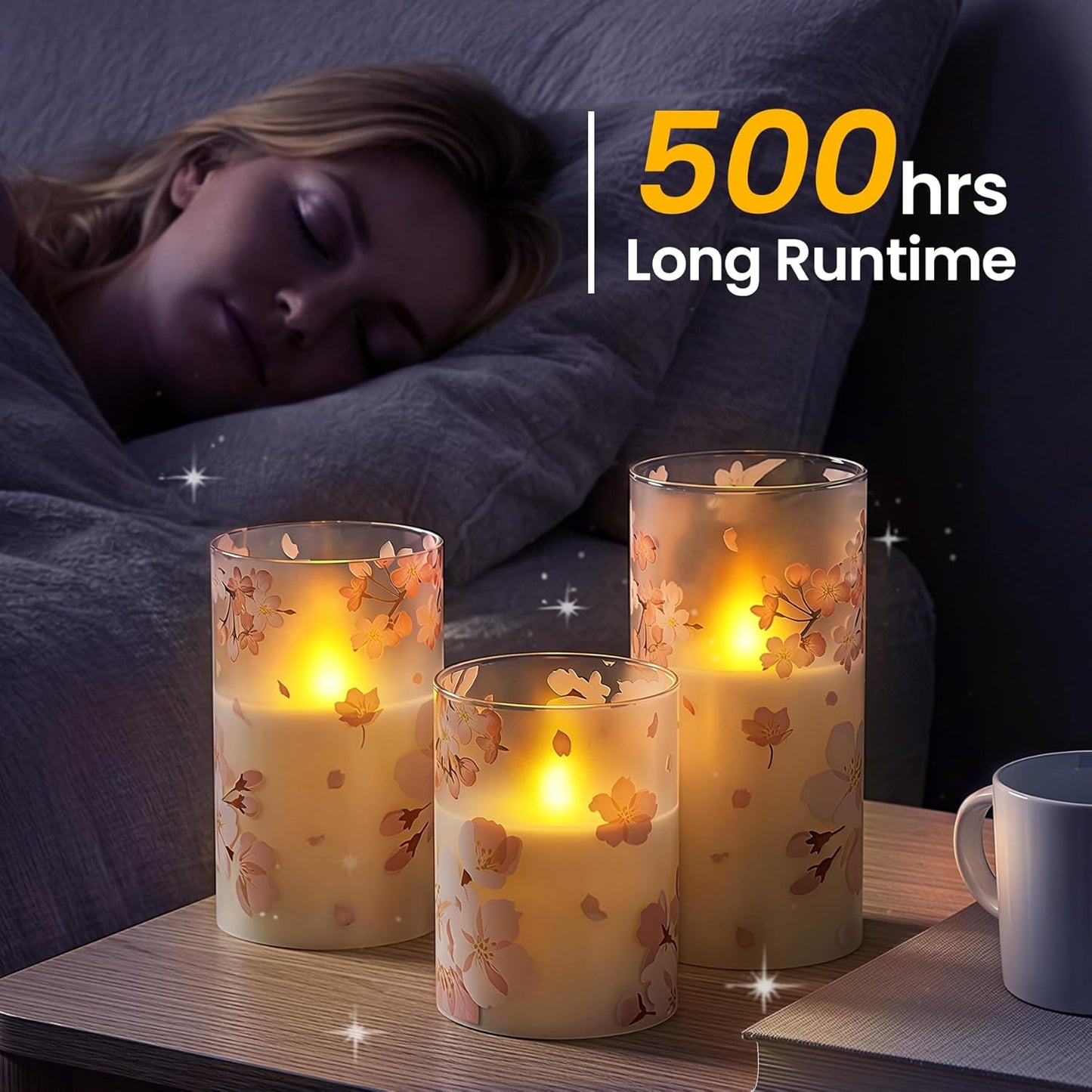 Pack of 3 Flameless Daily Timer Flickering Real Wax Pillar Candles, 3" x 4" 5" 6" LED Battery Operated Purple Flowers Glass Warm Light with Remote Control