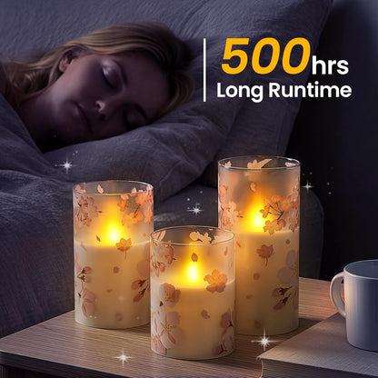 Pack of 3 Flameless Daily Timer Flickering Real Wax Pillar Candles, 3" x 4" 5" 6" LED Battery Operated Purple Flowers Glass Warm Light with Remote Control