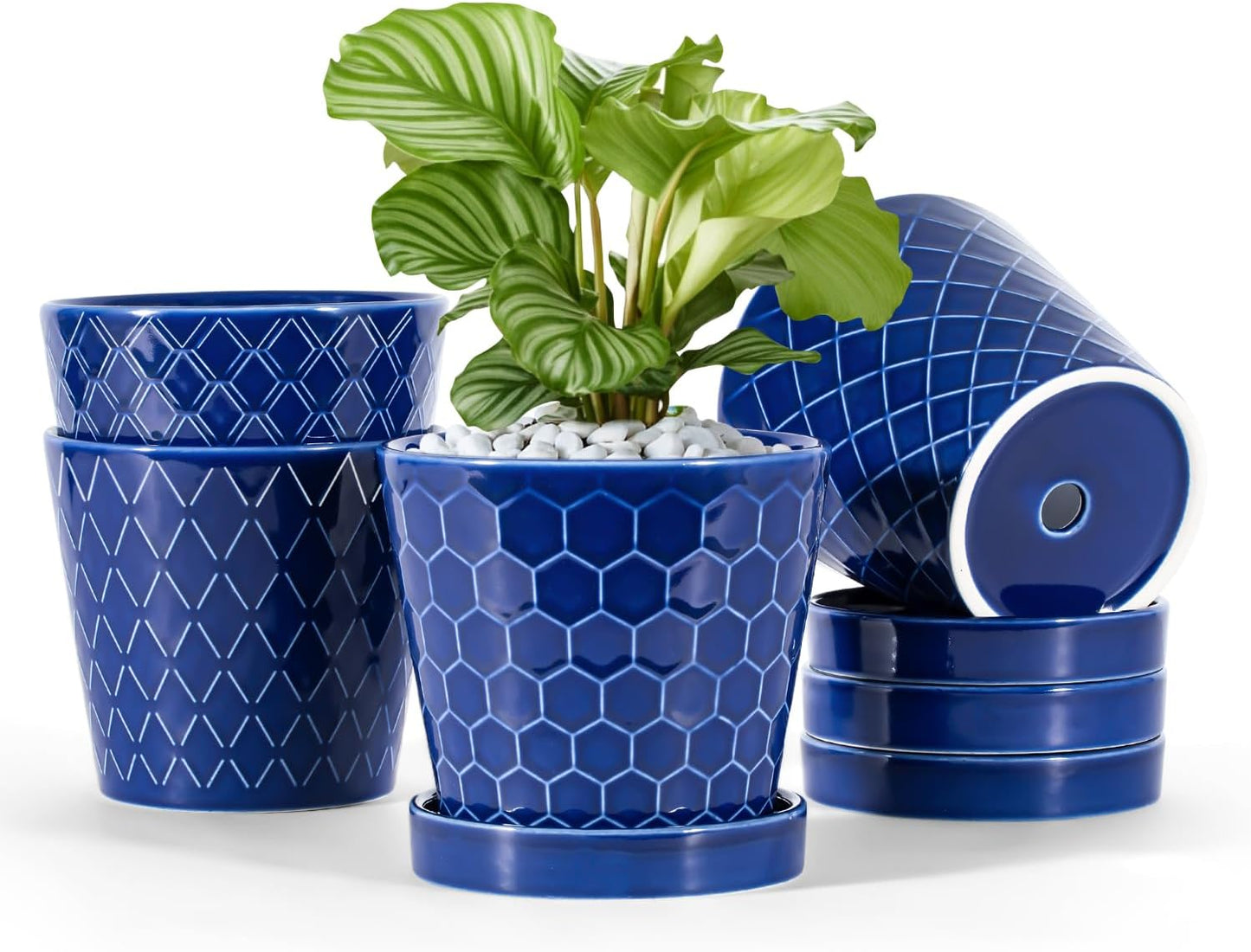 BUYMAX Plant Pots Indoor –5 inch Ceramic Flower Pot with Drainage Hole and Ceramic Tray - Gardening Home Desktop Office Windowsill Decoration Gift, Set of 4-Plants NOT Included (Patina)