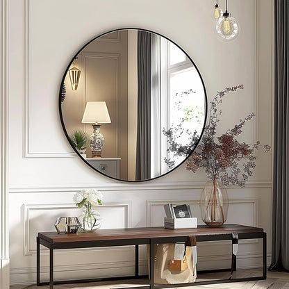Sunniry Black Round Mirror, Round Mirror 24 inch, Black Circle Mirrors Matte Metal Frame, Wall Mounted Mirrors for Living Room, Bathroom, Wall, Entryway.