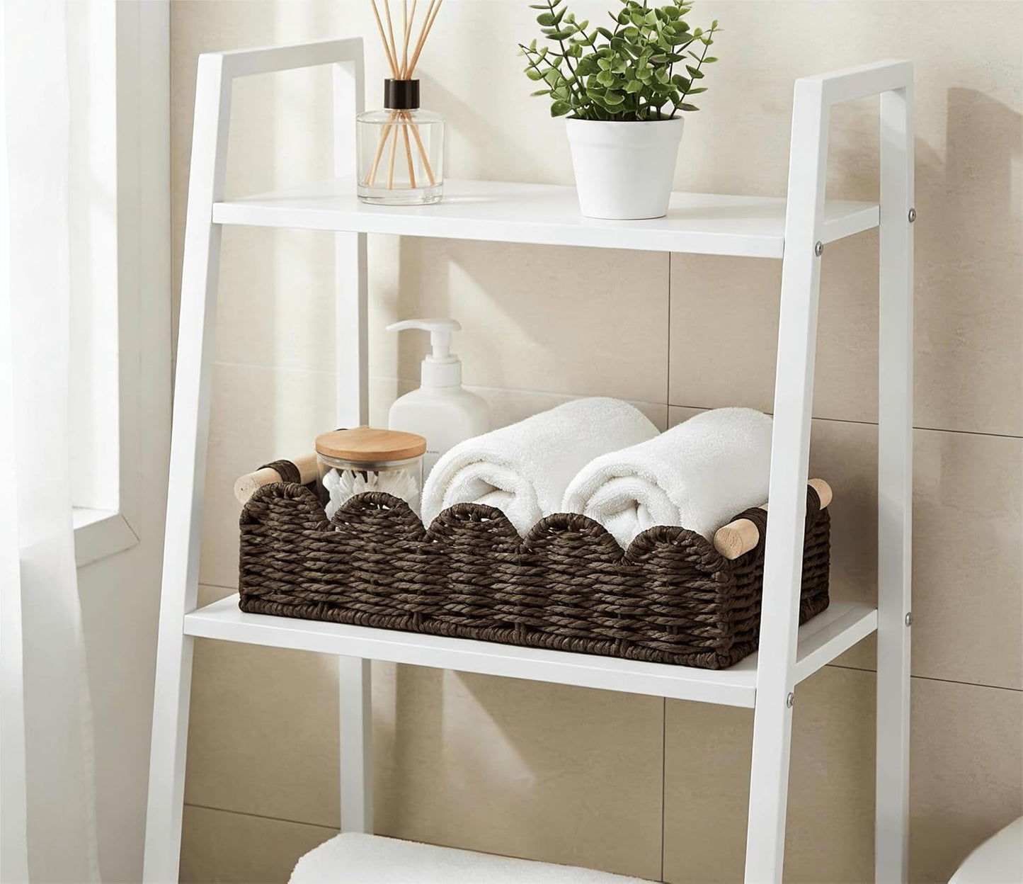 CubesLand Paper Rope Scalloped Edge Toilet Paper Storage Basket, Small Living Room, Bedroom Decor Baskets for Over Toilet Storage Shelf, End Table, Shelves and More, with 2 Wooden Handle, Neutral