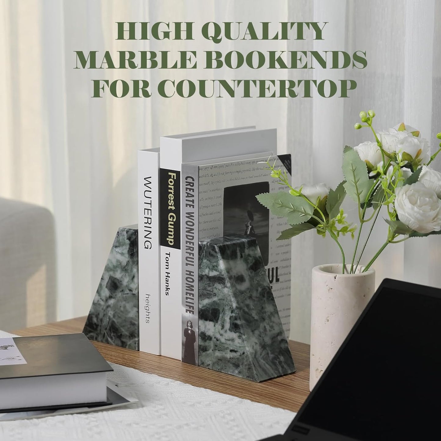 Karibiber Travertine Bookends for Heavy Books, Marble Decorative Bookends for Shelves, Heavy-Duty Stone Book Ends for Hardback Book & Cookbooks, Unique Book Stopper & Holder, Travertino Italy