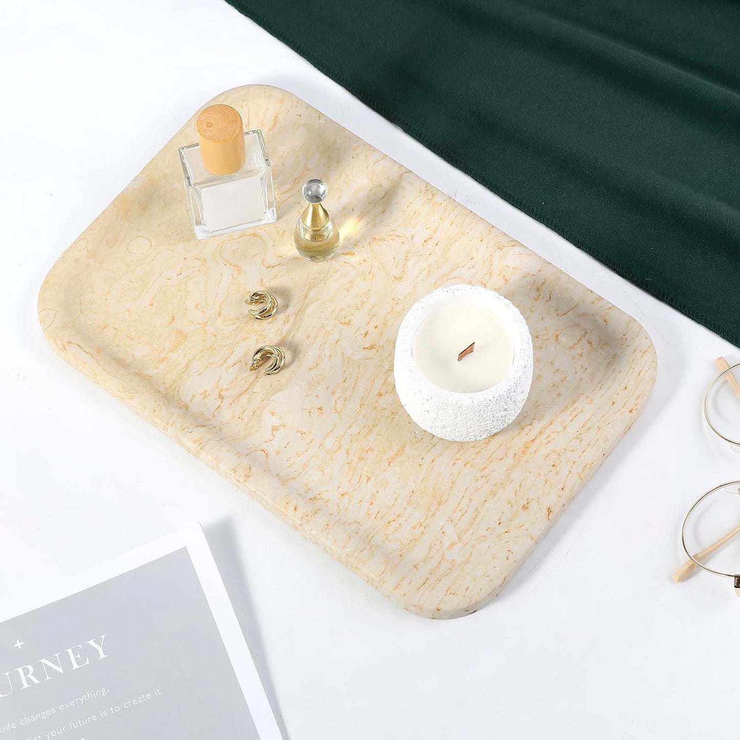 Koville Romano Travertine Tray, 12"x8" Natural Stone Vanity Tray for Countertop Bathroom Kitchen Dresser, Decorative Marble Catchall Trays for Perfume Jewelry, Rectangular Serving Tray(Beige)