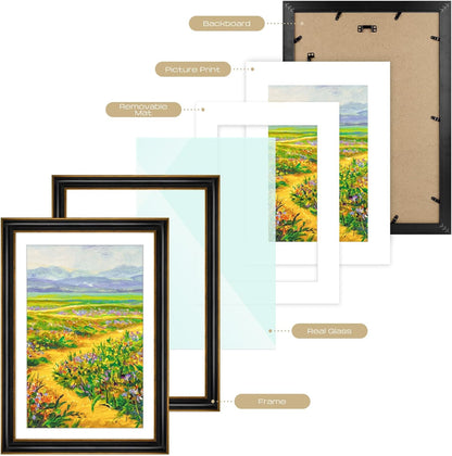 Golden State Art, 11x14 Photo Frame with Mat for Pictures 8x10 and Real Glass (Dark Gold Brown & Bronze Pewter Panel with White Color Mat, 1.25 Inch Frame Border)