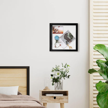 Muzilife 8x8 Shadow Box Picture Frame with Linen Board - Deep Wood & Glass Display Case Ready to Hang Memory Box Baby Sports Memorabilia, Pins, Awards, Medals, Wedding, Tickets and Photos (Black)
