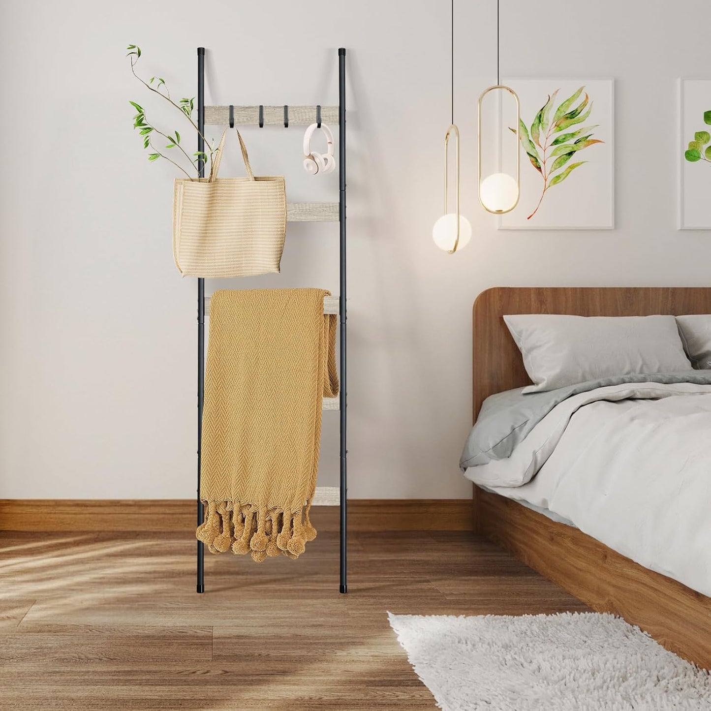 ELYKEN Blanket Ladder for Living Room, Farmhouse 5-Tier Quilt Holder with 4 Removable Hooks for Bathroom, Wood Towel Rack Display, Wall Anchor Leaning Decorative Stand for Home, Rustic Brown