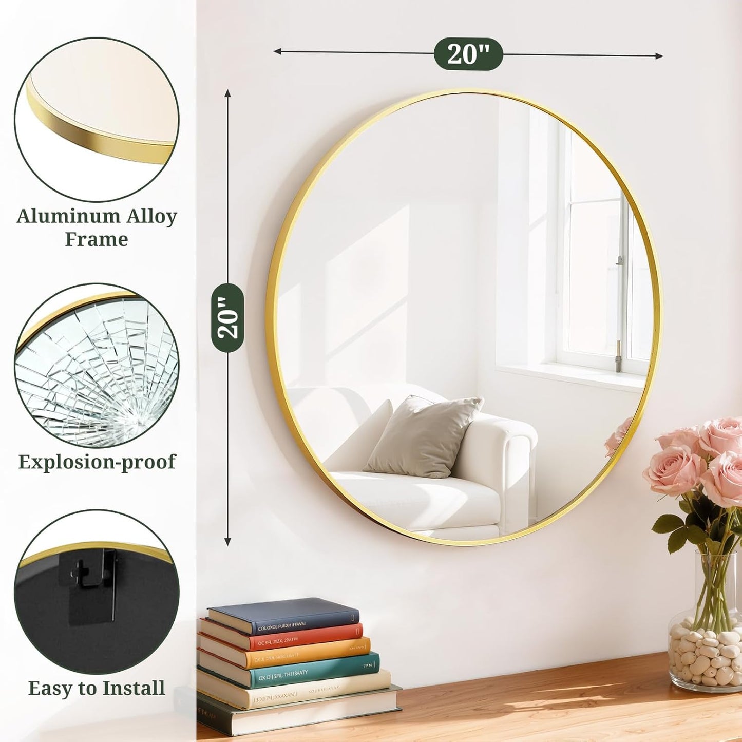 Round Wall Mirror 30 Inch Gold Vanity Mirror with Metal Frame, Modern Circle for Bathroom, Entryway, Bedroom, Living Room, Wall Mounted Decorative Mirrors