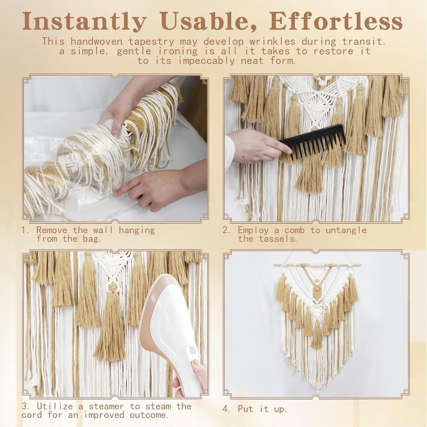 Gliterra Large Macrame Wall Hanging Handmade Boho Tapestry 43"x32" - Wall Art Decor for Living Room, Bedroom, Wedding (beige)