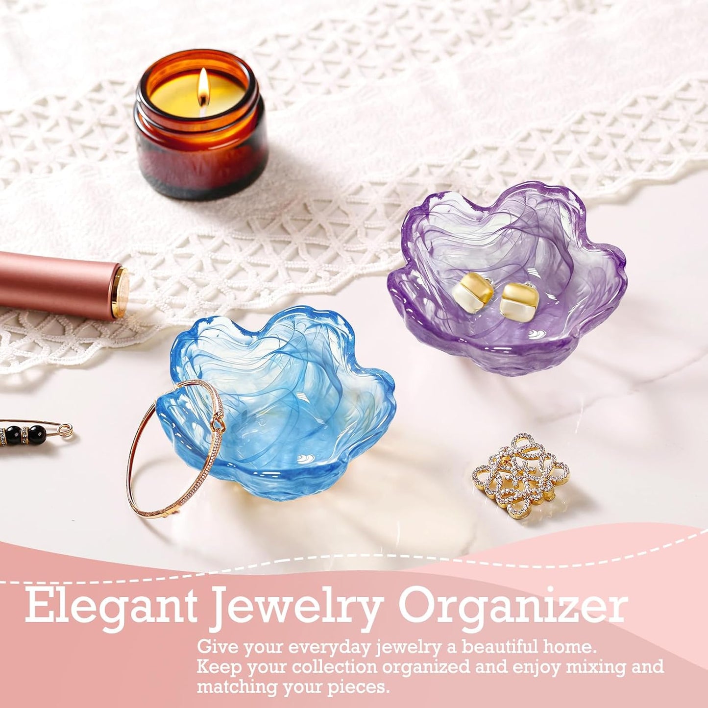 Purple Flower Jewelry Dish Glass Ring Holder Dish Jewelry Tray Cute Vanity Organizer Aesthetic Nightstand Bathroom Room Decor Trinket Dish Mothers Day Friendship Christmas Birthday Gifts for Women