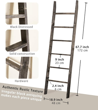 Blanket Ladder for the Living Room 6-Tier, Wooden Decorative Quilt Holder for Bed room, Wall-Leaning Towel Rack for Bathroom，Rustic Farmhouse Ladders for Display. (Dark Brown)