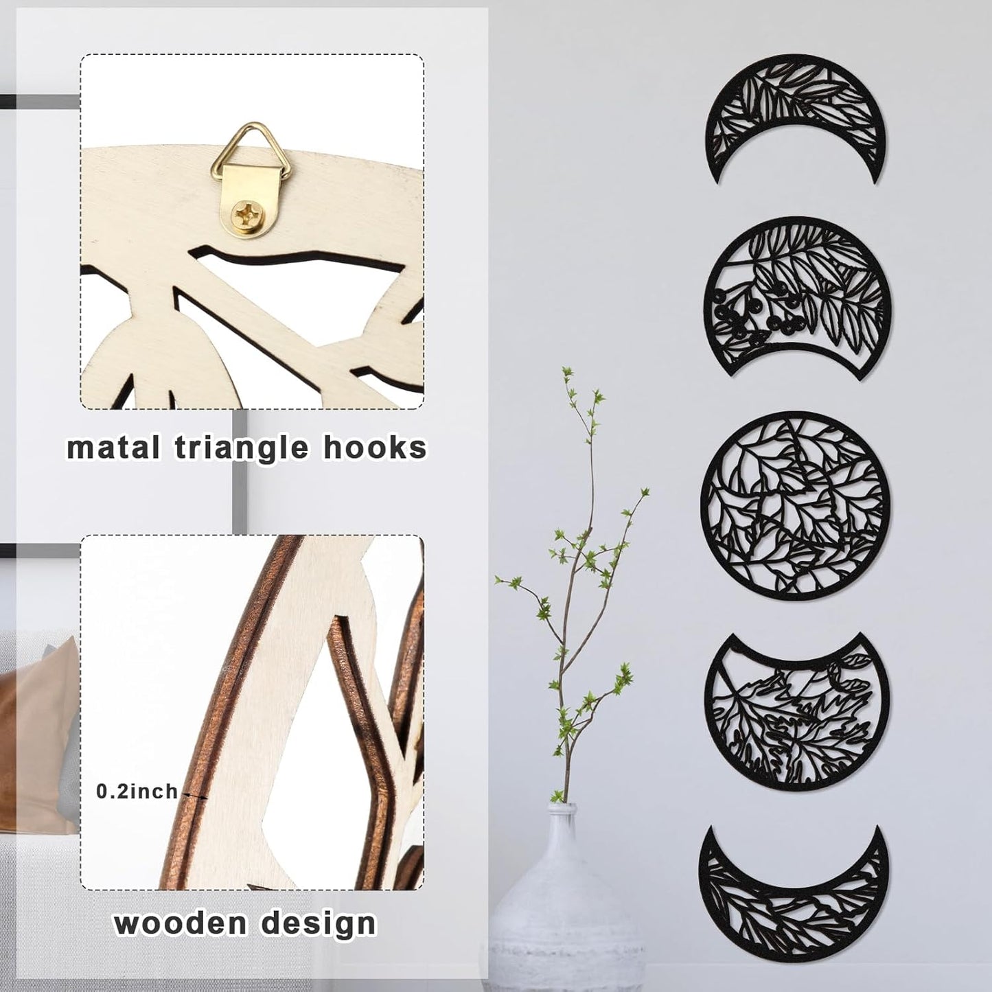 Jetec 5 Pcs Moon Phase Wall Art Decor Wall Pediments Hanging Wooden Phase Spiritual Bedroom Nordic Boho Lunar Aesthetic Art for Living Room Dorm Apartment Ornament(Brown,10.6 Inch,Botanical)
