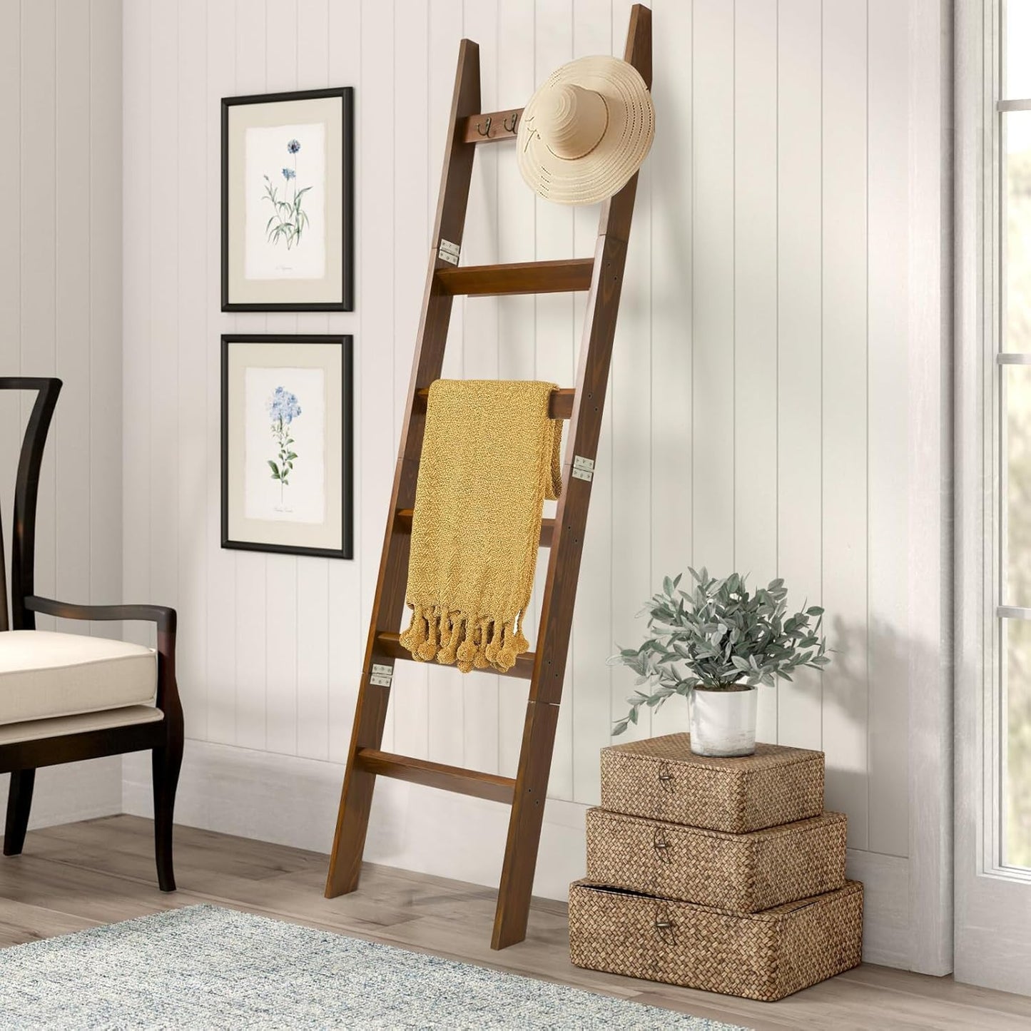 TEAKMAMA 6-Tier Blanket Ladder for Living Room and Bedroom,5.4 Ft Wall Leaning Quilt Rack with Hooks,Rustic Decorative Farmhouse Blanket Storage,Stylish Ladder Holder,Christmas Decorations,Black