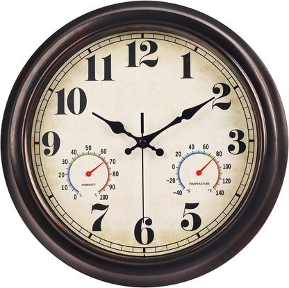 JENLYSTIME 12 Inch Indoor/Outdoor Retro Waterproof Wall Clock with Thermometer Silent Round Quartz Battery Operated Easy to Read Decorative for Kitchen Patio,Bathroom,Deck,Porch,Pool(Blue)