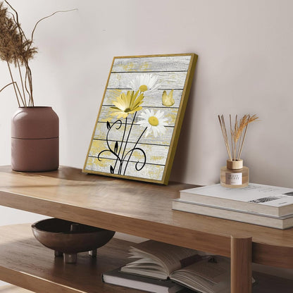 HVEST Farmhouse Floral Wall Art for Living Room, Blue and White Daisy Flower and Butterfly on Rustic Wood Board Canvas Wall Art Framed Artwork Ready to Hang for Bathroom Bedroom Decor, 16L X 12W