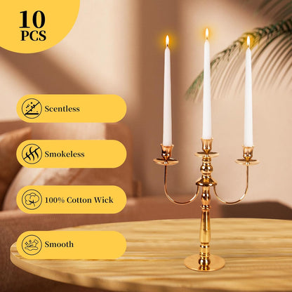 KONNI 0.87×10 Inch Ivory Taper Candles, Unscented and Smokeless Tall Candlesticks, 10 Pack Tapered Candles with Cotton Wicks, Long Burning, Ideal for Weddings, Dinner Parties, and Home Décor